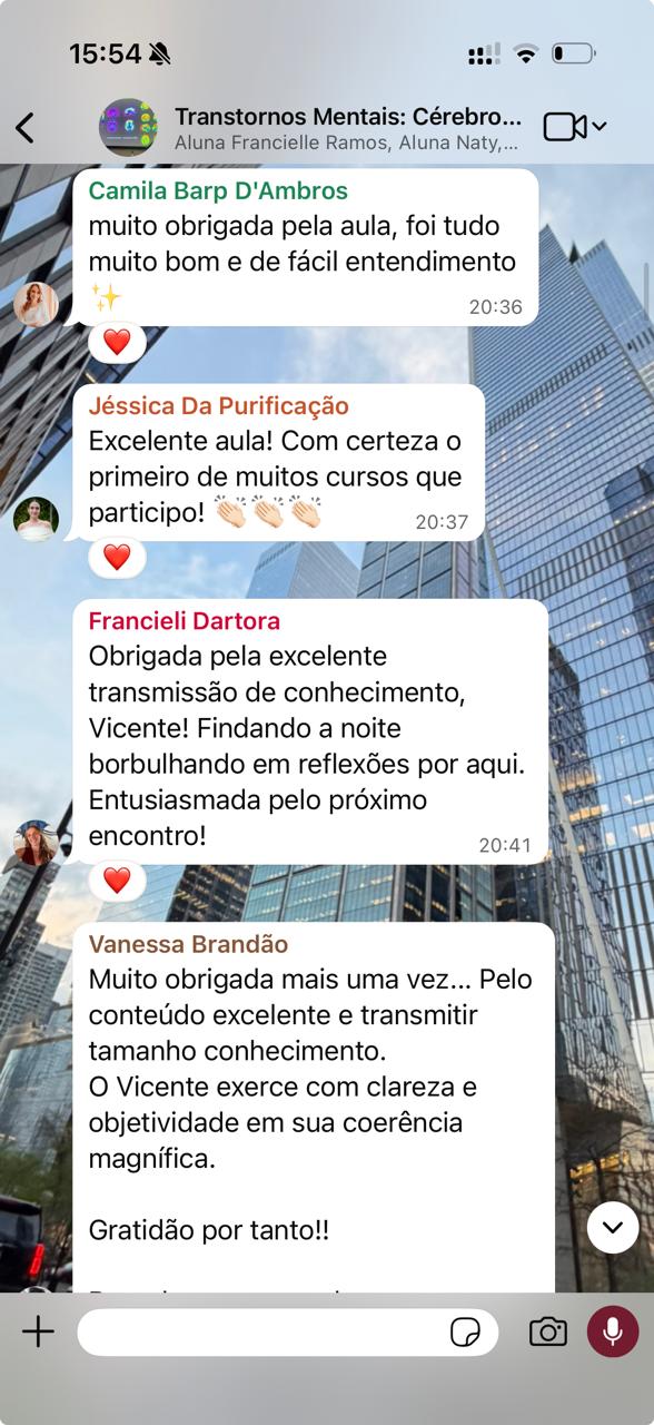 Print de depoimento de alunas no WhatsApp sobre a aula
