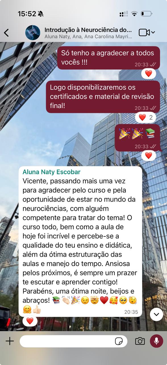 Print de depoimento de aluna no WhatsApp sobre o curso de neurociências